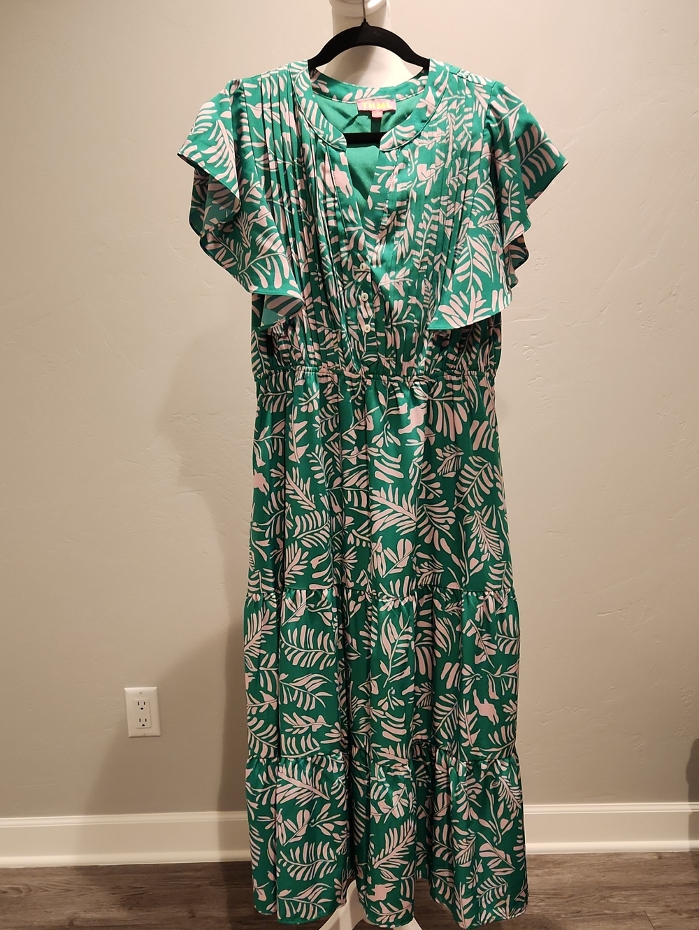 THML Green and Pink Leaf-Print Ruffle Sleeve Maxi Dress- Large